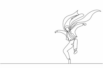 Continuous one line drawing male businessman superhero in cloak. Successful superhero landing from the sky. Leadership, challenge goal achievement. Single line draw design vector graphic illustration