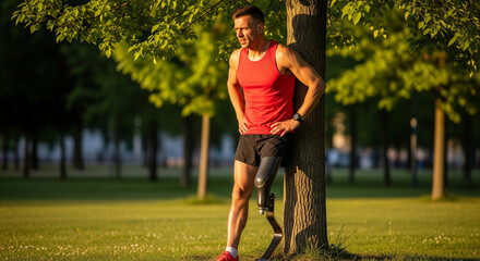 Disabled athlete runner with prosthetic leg resting after training