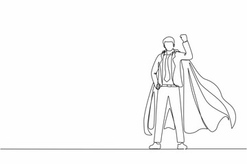 Single continuous line drawing superhero strong showing muscle. Superhero officer in action. Businessman character superhero. Office employees. Dynamic one line draw graphic design vector illustration