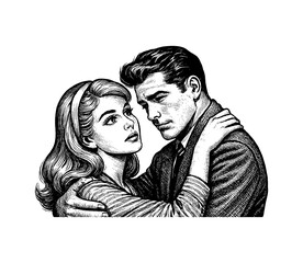 Illustration of a Caucasian couple embracing, love and affection in a vintage style black and white drawing.