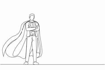 Single continuous line drawing determined businessman or office worker super hero in cloak. The concept of leadership and strength in business. Dynamic one line draw graphic design vector illustration