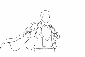 Single one line drawing handsome young man in business suit wearing tie with shirt. Successful businessman. Hero, ripping off his shirt. Modern continuous line draw design graphic vector illustration