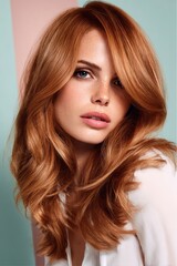 Fototapeta premium Beautiful woman with long, copper hair posing in studio setting for camera