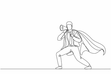 Single continuous line drawing superhero speaking in megaphone. Superhero in cape, happy businessman holding megaphone, successful team leader. Dynamic one line draw graphic design vector illustration