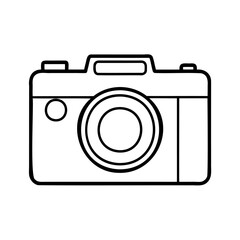 Simple black and white line art illustration of a classic digital camera icon
