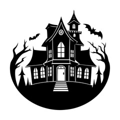Spooky black and white halloween haunted house with bats and creepy bare trees