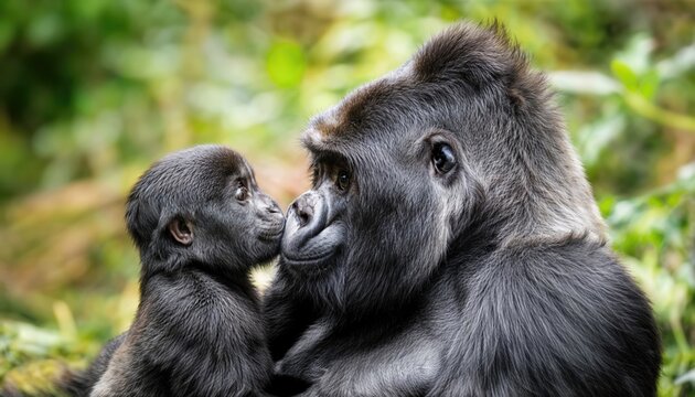 Baby Gorilla Kissing Silverback in Bwindi Impenetrable National Park, Uganda Tender Moment Amidst the Lush Green Forest at Dusk