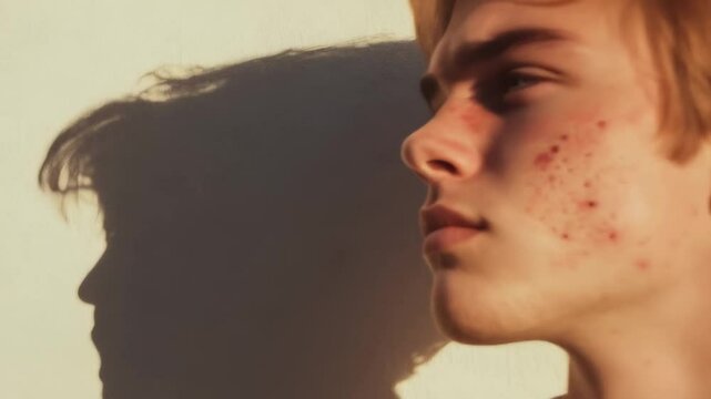 Lighting emphasizing facial profile of young male, revealing texture and nuanced shadows created by acne scars across skin surface, projecting intricate silhouette against white wall background