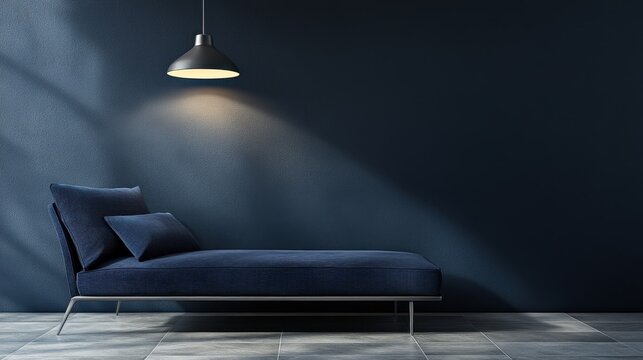 Contemporary armless sofa in deep navy blue on sleek tile flooring with moody lighting
