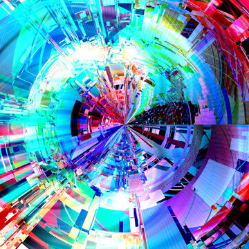 Glitch art, data error. Colorful abstract futuristic radial background pattern.