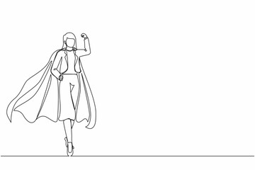 Single continuous line drawing superhero strong showing muscle. Superhero officer in action. Businesswoman character superhero. Office employees. Dynamic one line graphic design vector illustration © Simple Line