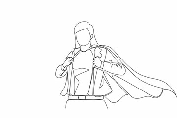 Single continuous line drawing beautiful young female in business blazer wearing shirt. Successful businesswoman. Hero, ripping off her shirt. Dynamic one line draw graphic design vector illustration