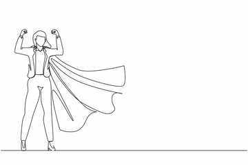 Single one line drawing businesswoman superhero character, office worker female superhero. Businesswoman in cloak or cape, standing in superhero pose. Modern continuous line draw design graphic vector © Simple Line