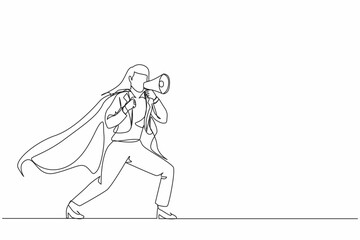 Single one line drawing young superhero speaking in megaphone. Superhero in cape, happy businesswoman holding megaphone, successful team leader. Continuous line draw design graphic vector illustration