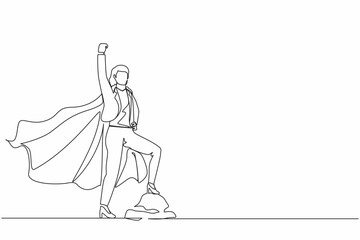 Continuous one line drawing superhero businesswoman in office blazer flying upward with cloak. Joyful woman raising her fist in up rejoicing at her success. Single line draw design vector illustration