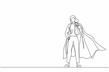 Obraz premium Single one line drawing leadership businesswoman in superhero cloak. Leader or boss pointing direction goals and aims defining strategy development. Continuous line design graphic vector illustration
