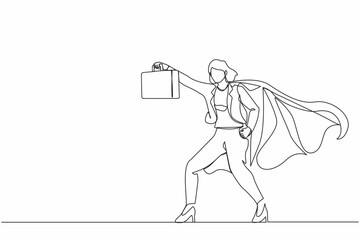 Single continuous line drawing female businesswoman superhero standing with suitcase. Portrait of young office worker. Office, business, employee concept. One line graphic design vector illustration