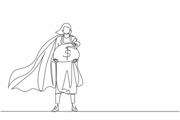 Continuous one line drawing gigantic profits of financial success. Super businesswoman hero with bag of money. Business metaphor. Success, career. Single line draw design vector graphic illustration