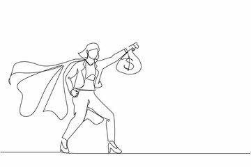 Single one line drawing superhero businesswoman present symbol of income. Happy employee superhero shows money bag metaphor of income, investment, profit, growth. Continuous line draw design graphic