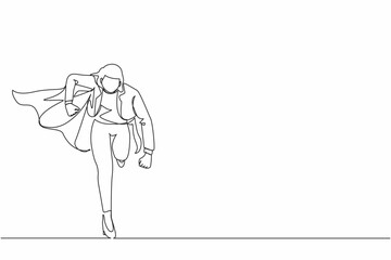 Fototapeta premium Continuous one line drawing running business hero. Businesswoman in cape superhero actions running. Professional working powerful superheroes. Success, leadership. Single line design vector graphic