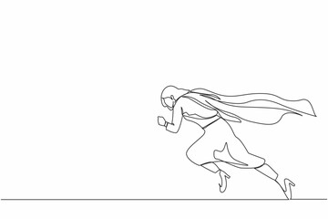 Single continuous line drawing super businesswoman running fast. Business superhero rushing on duty, business concept goal, achievement, and success. One line draw graphic design vector illustration