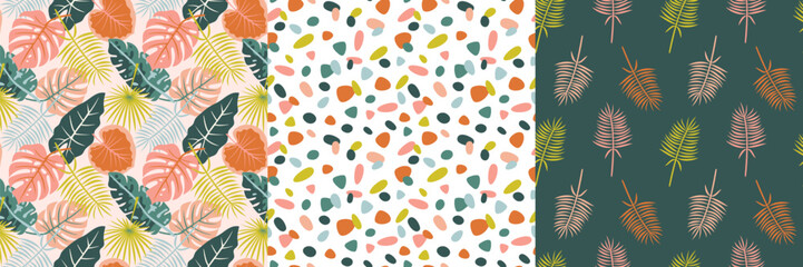 Tropical seamless pattern bundle with exotic foliage and abstract shapes. Vibrant palm leaves, colorful nature prints, botanical summer background for fabric, textile, wrapping, and surface design.