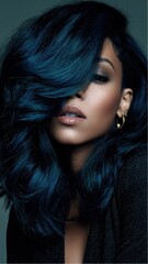 Fototapeta premium Woman poses with voluminous black and blue hair covering her face