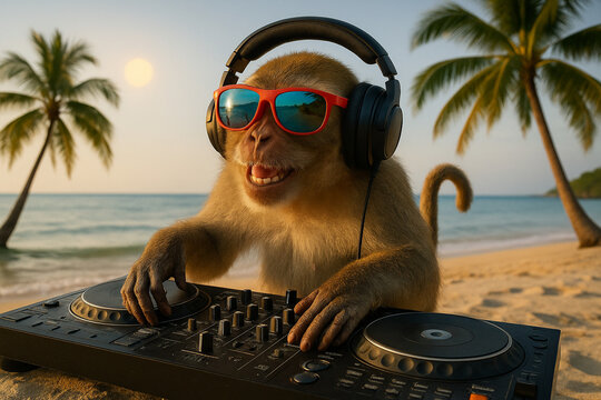 monkey play dj music on the beach 