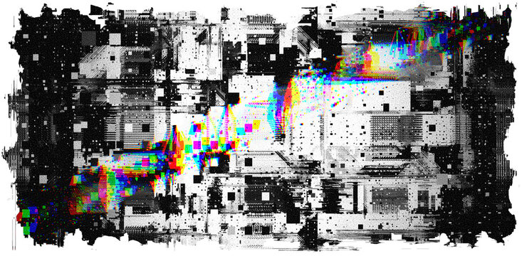Abstract glitch background banner resembling computer technology. Grunge black and white with rainbow prismatic effect.