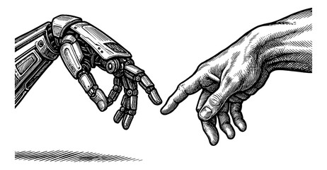 Creation of Adam Inspired Drawing of Human Hand and Robot Hand About to Touch Fingers
