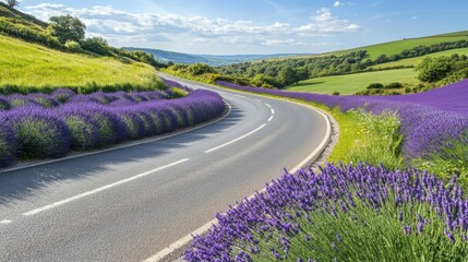 Scenic road with a soft curve lined by lavender fields and distant hills on the horizon