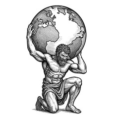 Atlas Kneeling Holding Globe on Shoulders Detailed Engraving Black and White Drawing