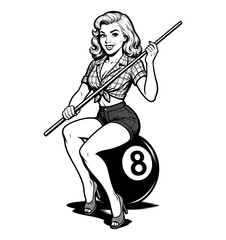 Smiling pinup girl sitting on 8 ball holding pool cue, black and white vintage drawing