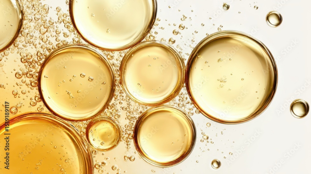 Poster golden oil bubbles of various sizes are forming an abstract pattern on a white background, creating 