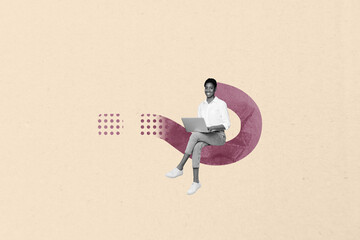 Collage of person relaxing while working online as freelancer using modern technology tools...