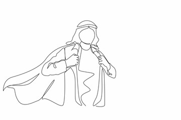 Single continuous line drawing handsome young man in business Arabic clothes with shirt. Successful Arabian businessman. Hero, ripping off his shirt. One line draw graphic design vector illustration