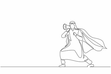 Single one line drawing superhero speaking in megaphone. Superhero in cape, happy Arabian businessman holding megaphone, successful team leader. Continuous line draw design graphic vector illustration