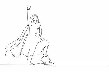 Single continuous line drawing superhero Arabian businessman in Arabic clothes flying upward with cloak. Joyful man raising his fist in up rejoicing at his success. One line draw graphic design vector