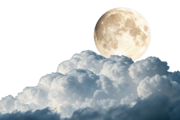 Full moon behind clouds isolated on transparent background in the dark night sky