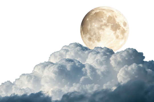 Full moon behind clouds isolated on transparent background in the dark night sky