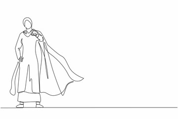 Single one line drawing leadership Arabic businesswoman in superhero cloak. Leader or boss pointing direction goals, aims defining strategy development. Continuous line draw design vector illustration