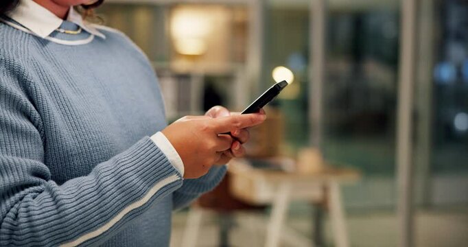 Typing, hands and business woman with mobile for journalism, research or verify email source at night. Phone, deadline and worker in creative office for news report, fact checking or editing headline