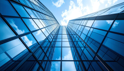 Obraz premium Modern Glass Skyscraper Exterior, Blue Windows, Low Angle View