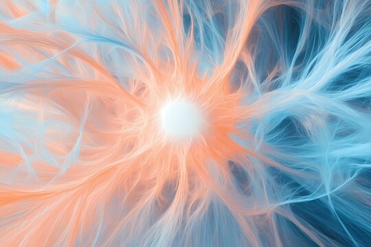 A storm of digital neuron threads in electric blue and peach tones, spreading from a hot white central dot in fluid motion, 
