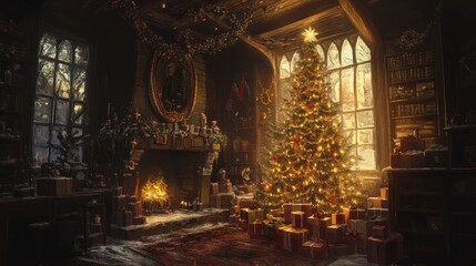 Fototapeta premium A Cozy Christmas Eve in a Rustic Library