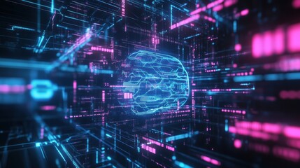 Fototapeta premium Futuristic AI Holographic Brain Analyzing Digital Data