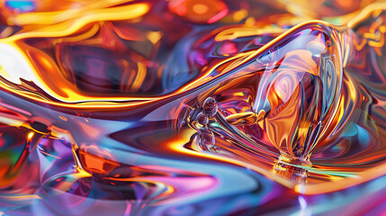 A vibrant abstract liquid artwork. The glossy material reflects a colorful array of warm and cool light in a swirling pattern.