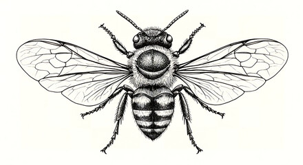 Obraz premium Realistic top-down entomological illustration of a bee in monochrome, with intricate linework showing body segmentation, transparent wings, and symmetrical jointed legs