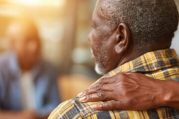 Close-up of a comforting hand on the shoulder of a grieving friend