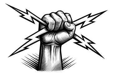 Raised Fist Holding Lightning Bolts Engraving Style Black and White Isolated on White